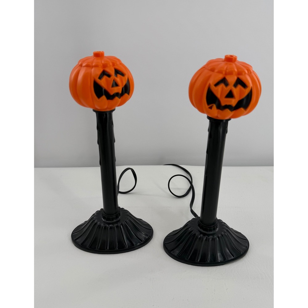 Atico Ltd Pumpkin Candlesticks Orange Black 1989 Vintage Blow Mold Set of 2